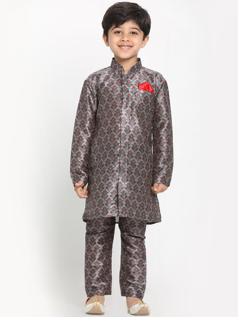 JBN CREATION Boy's Orange Twill Jacket, Printed Kurta and Pyjama Set