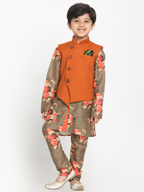JBN CREATION Boy's Orange Twill Jacket, Printed Kurta and Pyjama Set