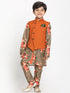 JBN CREATION Boy's Orange Twill Jacket, Printed Kurta and Pyjama Set