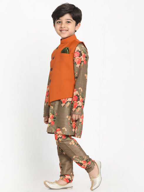 JBN CREATION Boy's Orange Twill Jacket, Printed Kurta and Pyjama Set