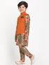JBN CREATION Boy's Orange Twill Jacket, Printed Kurta and Pyjama Set