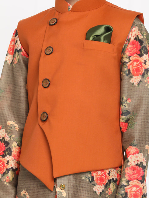 JBN CREATION Boy's Orange Twill Jacket, Printed Kurta and Pyjama Set