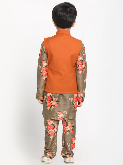 JBN CREATION Boy's Orange Twill Jacket, Printed Kurta and Pyjama Set