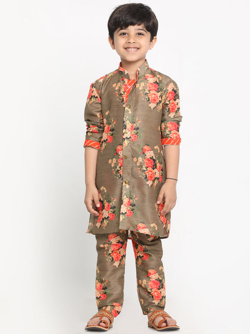 JBN CREATION Boy's Orange Twill Jacket, Printed Kurta and Pyjama Set