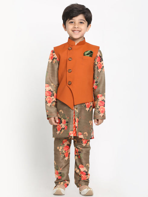 JBN CREATION Boy's Orange Twill Jacket, Printed Kurta and Pyjama Set