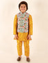 JBN CREATION Boy's Aqua Floral Printed Nehru Jacket With Mustard Kurta And Pyjama Set