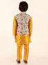 JBN CREATION Boy's Aqua Floral Printed Nehru Jacket With Mustard Kurta And Pyjama Set