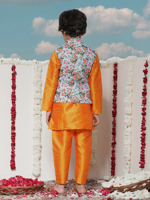 JBN CREATION Boy's Aqua Floral Printed Nehru Jacket With Orange Kurta And Pyjama Set