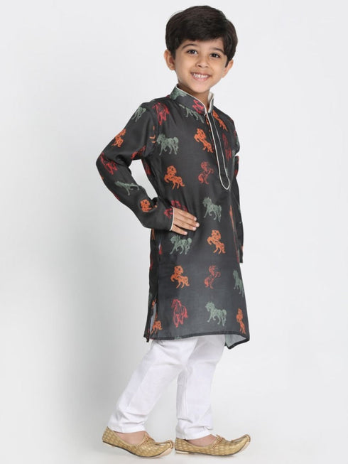 Vastramay Boys' Black Cotton Horse Print Kurta and Pyjama Set