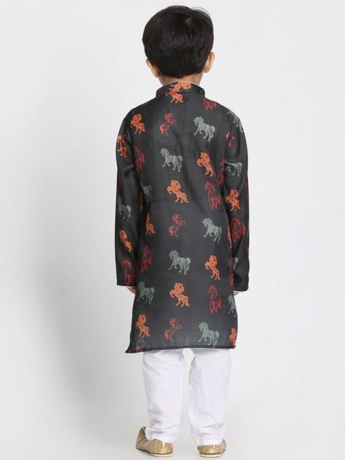 Vastramay Boys' Black Cotton Horse Print Kurta and Pyjama Set