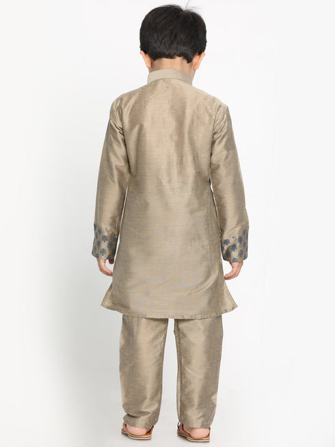 Vastramay Brown Silk Blend Ethnic Print Kurta Pyjama Sibling Set