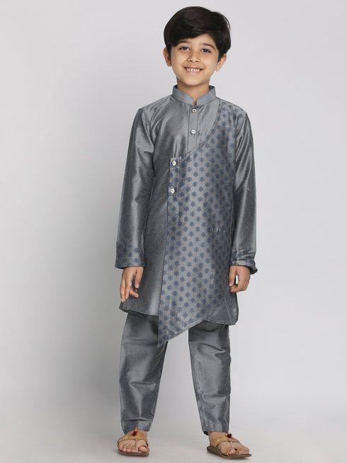 JBN Creation Boys' Grey Cotton Blend Kurta Pyjama Set