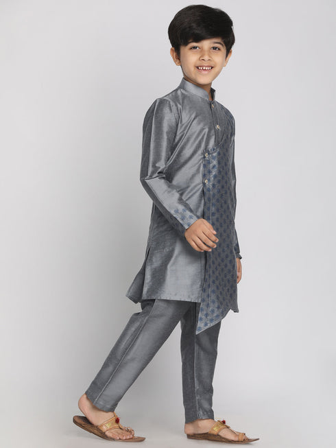 JBN Creation Boys' Grey Cotton Blend Kurta Pyjama Set