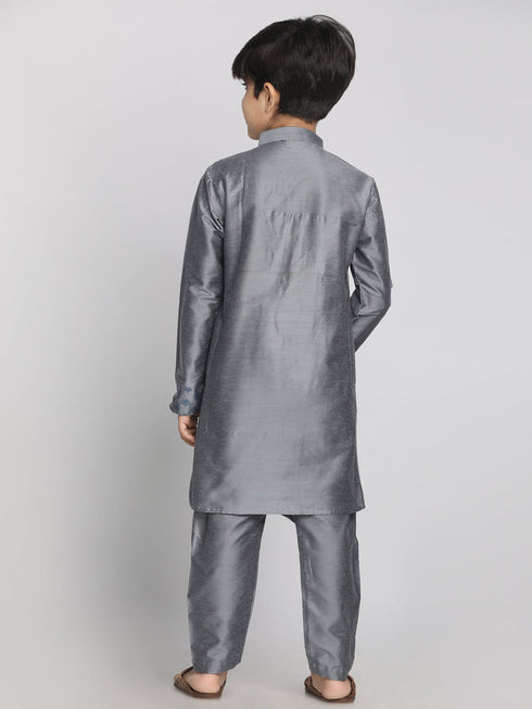 Vastramay Grey Silk Blend Ethnic Print Kurta Pyjama Sibling Set