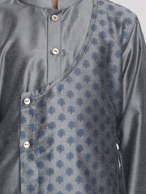 Vastramay Grey Silk Blend Ethnic Print Kurta Pyjama Sibling Set