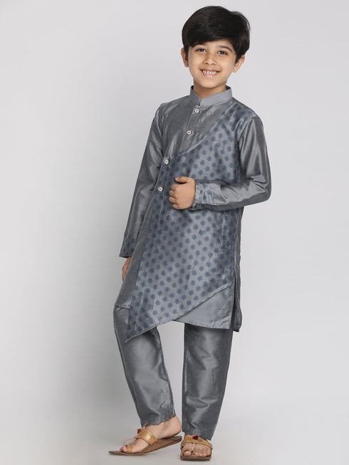 Vastramay Grey Silk Blend Ethnic Print Kurta Pyjama Sibling Set