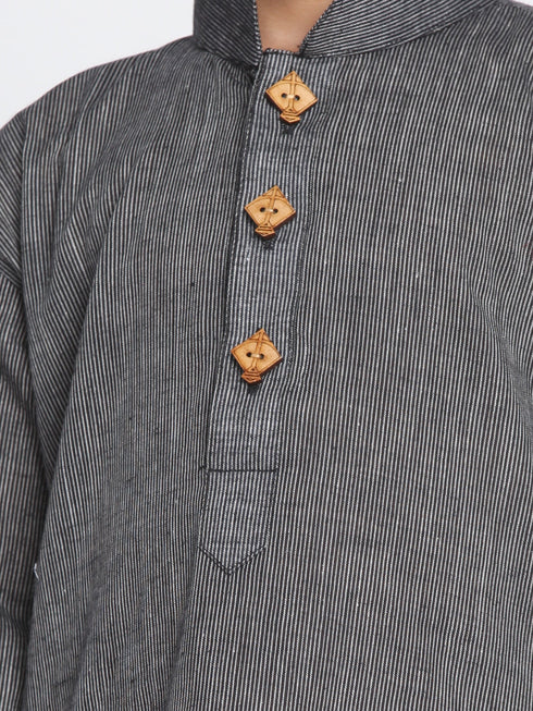 Vastramay Black Handloom Cotton Striped Siblings Set