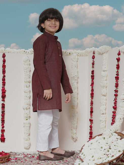 Vastramay Boys Maroon Cotton Kurta and Pyjama Set
