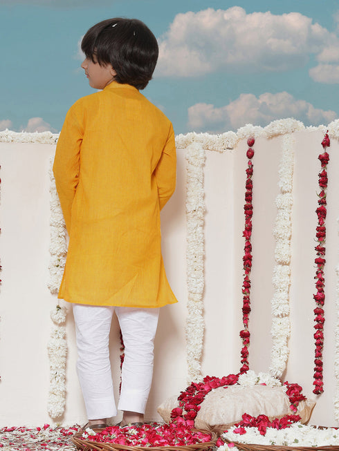 Vastramay Boy's Yellow Cotton Kurta and Pyjama Set