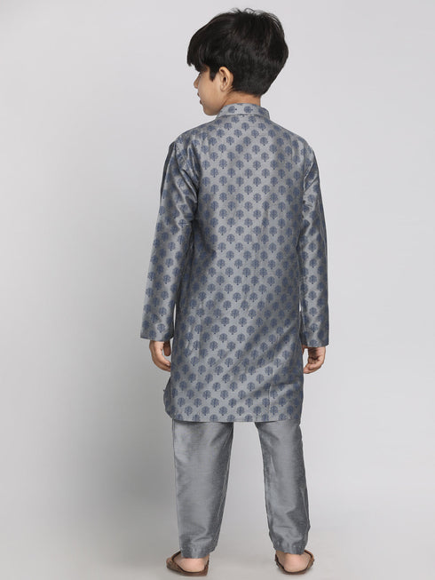 Vastramay Grey Silk Blend Ethnic Print Kurta Pyjama Sibling Set
