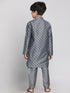 Vastramay Grey Silk Blend Ethnic Print Kurta Pyjama Sibling Set