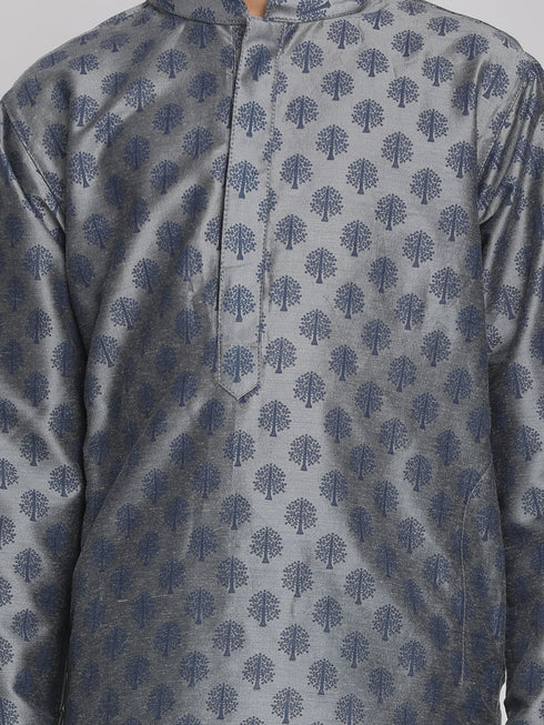 Vastramay Grey Silk Blend Ethnic Print Kurta Pyjama Sibling Set