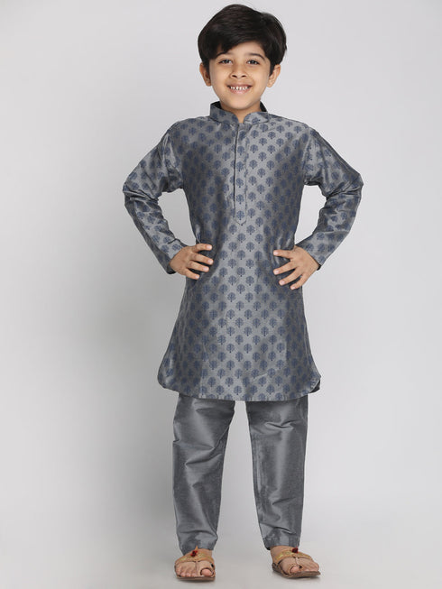 Vastramay Grey Silk Blend Ethnic Print Kurta Pyjama Sibling Set
