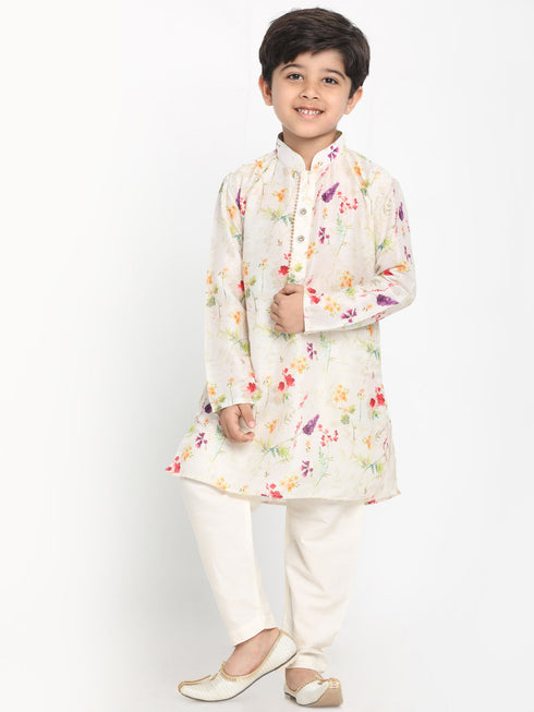 Vastramay Boy's Multicolor-Base-Cream Cotton Blend Printed Kurta