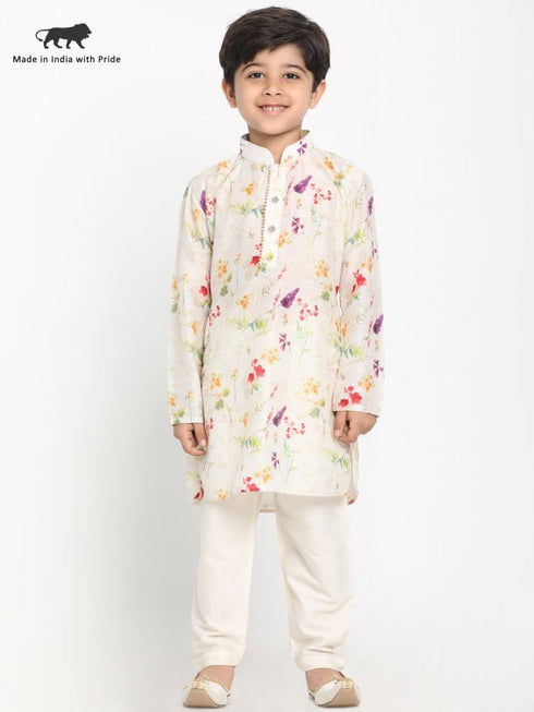 Vastramay Boy's Printed Cream Cotton Blend Kurta and Pyjama Set