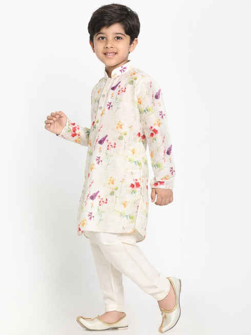 Vastramay Boy's Printed Cream Cotton Blend Kurta and Pyjama Set