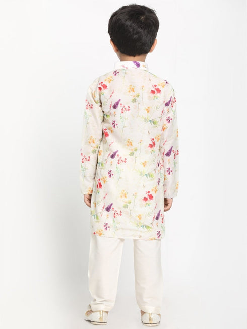 Vastramay Boy's Printed Cream Cotton Blend Kurta and Pyjama Set