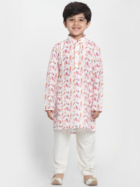 Vastramay Boy's Multicolor-Base-White Cotton Blend Kurta and Pyjama Set