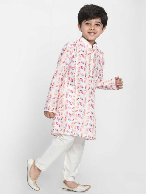 Vastramay Boy's Multicolor-Base-White Cotton Blend Kurta and Pyjama Set