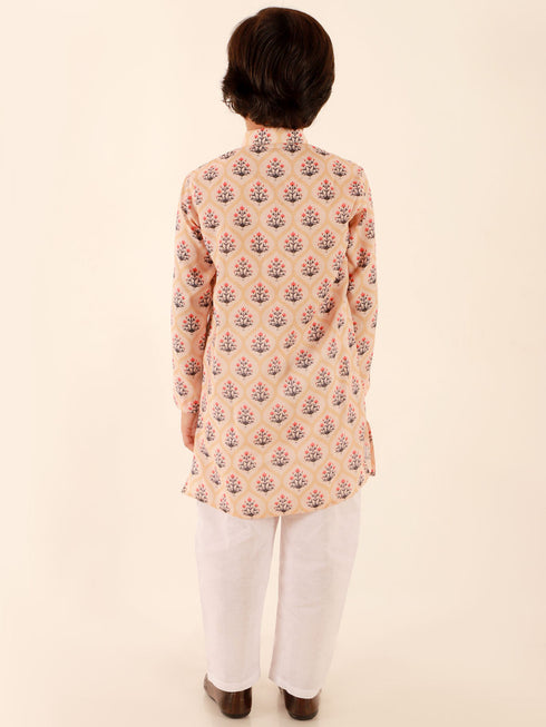 JBN CREATION Boys' Chiku Brown Floral Print Kurta And White Pyjama Set