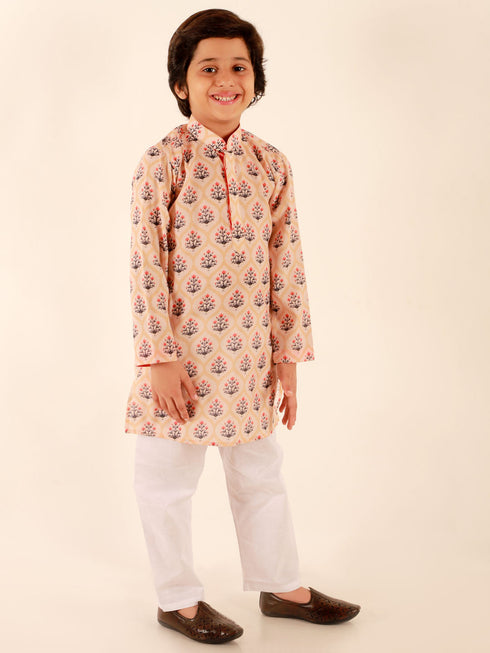 JBN CREATION Boys' Chiku Brown Floral Print Kurta And White Pyjama Set
