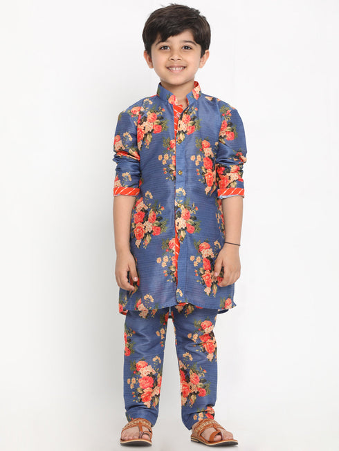 JBN Creation Boys Floral Printed Blue Kurta Pyjama Set With Laharia Border