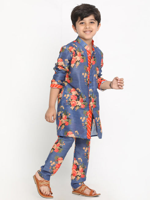 JBN Creation Boys Floral Printed Blue Kurta Pyjama Set With Laharia Border