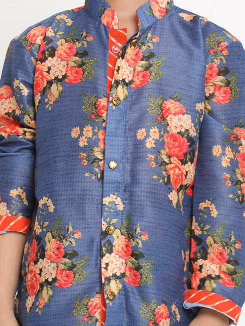 JBN Creation Boys Floral Printed Blue Kurta Pyjama Set With Laharia Border