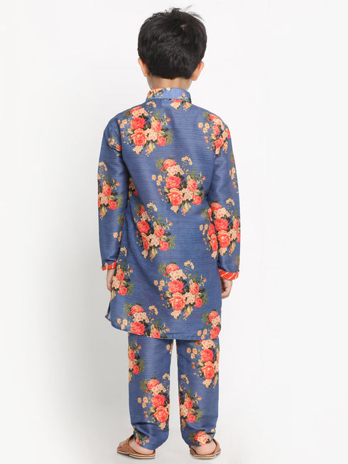 JBN Creation Boys Floral Printed Blue Kurta Pyjama Set With Laharia Border