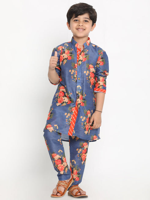 JBN Creation Boys Floral Printed Blue Kurta Pyjama Set With Laharia Border