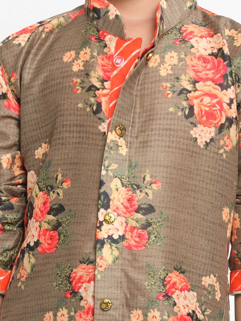 JBN Creation Boys Floral Printed Beige Kurta Pyjama Set With Laharia Border