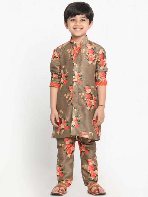 JBN Creation Boys Floral Printed Beige Kurta Pyjama Set With Laharia Border
