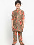 JBN Creation Boys Floral Printed Beige Kurta Pyjama Set With Laharia Border