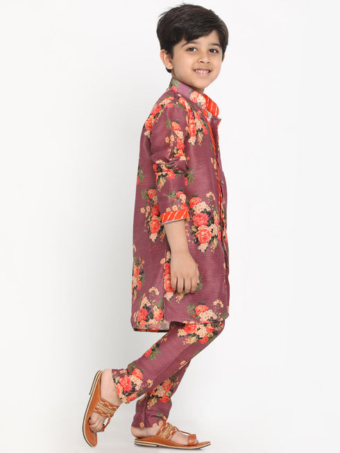 JBN Creation Boys Floral Printed Wine Kurta Pyjama Set With Laharia Border