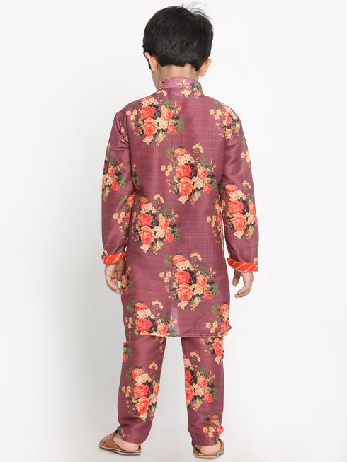 JBN Creation Boys Floral Printed Wine Kurta Pyjama Set With Laharia Border