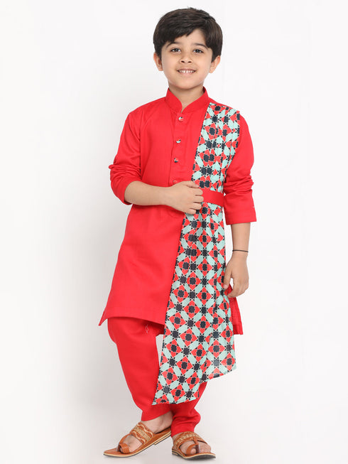 JBN CREATION Boy's Printed Dupatta Attached With A Belt Red Kurta And Pyjama Set