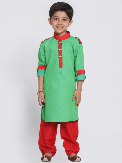 Vastramay Boys Green Cotton Pathani Suit Set