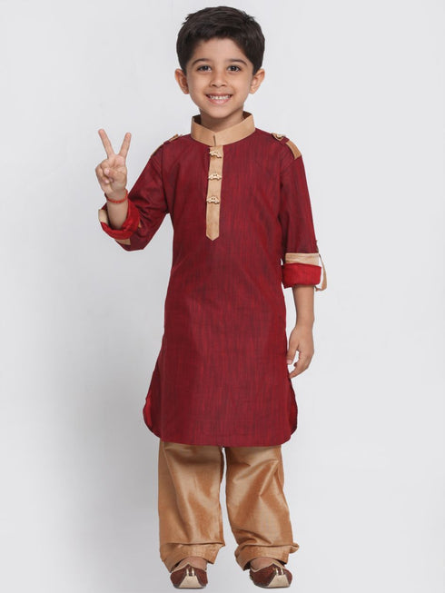 Vastramay Boy's Maroon Cotton Pathani Suit