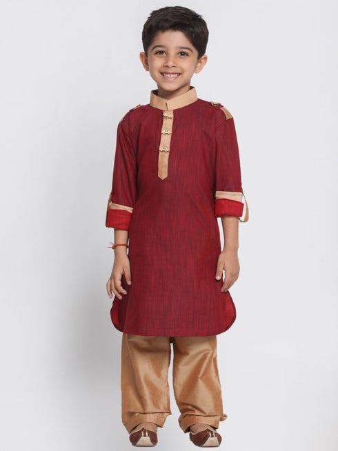 Vastramay Boy's Maroon Cotton Pathani Suit