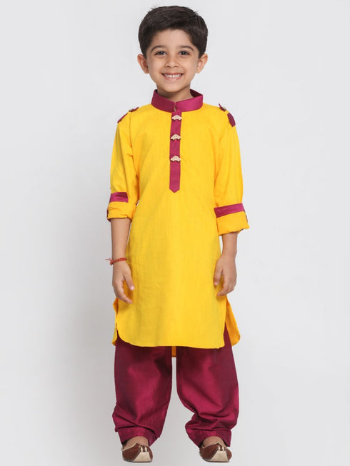 Vastramay Boy's Yellow Cotton Pathani Suit